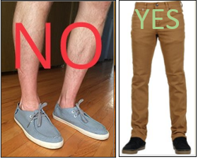 NO example shows uncovered legs and shoes without socks, YES example shows legs and feet fully covered
