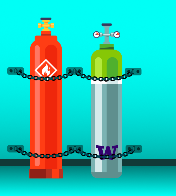two gas cylinders with two chains holding each against a wall