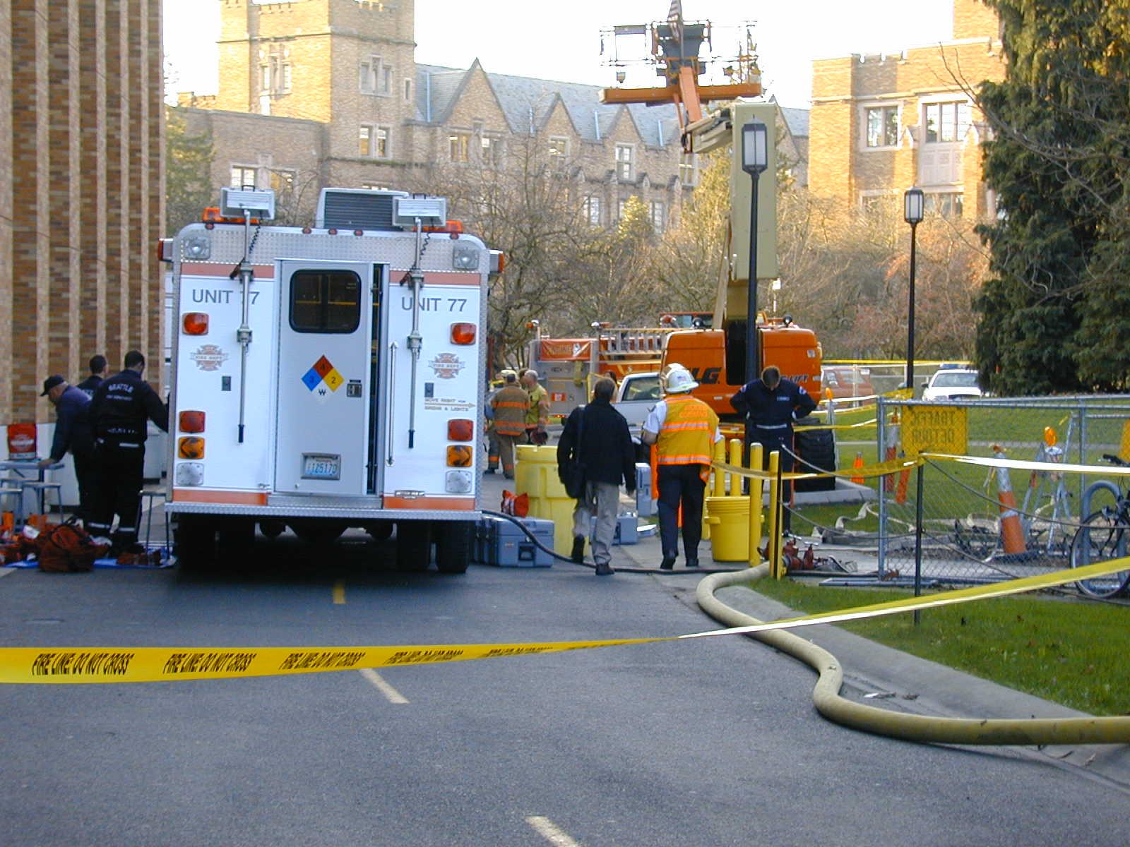 Fire department units respond to a chemical incident on campus