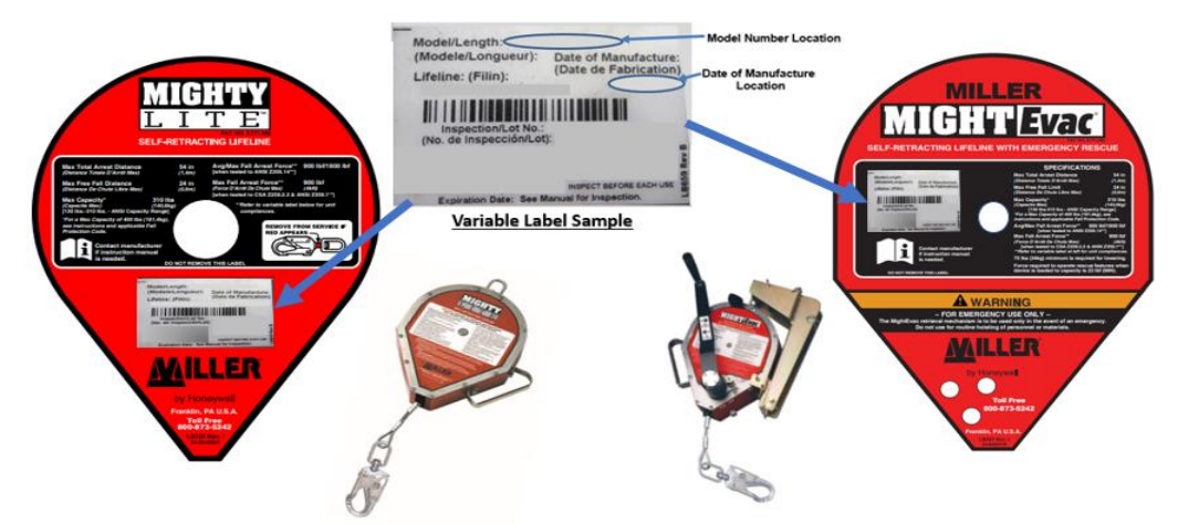 Miller MightyEvac and MightyLite self-retracting lifelines product label