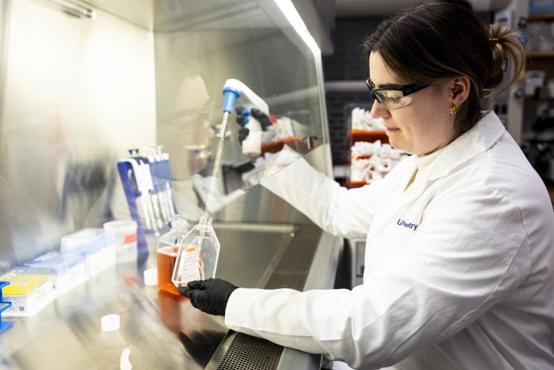 biosafety-month-BSC photo of a woman wearing PPE working inside a biosafety cabinet
