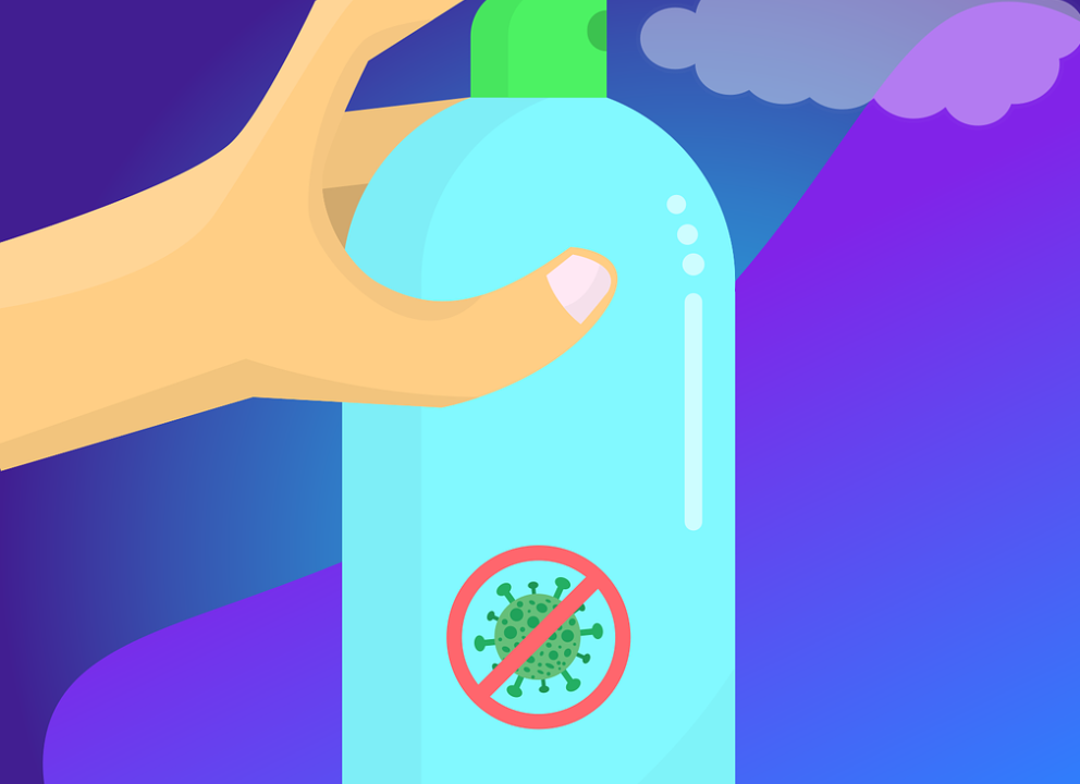 cartoon image of a disinfectant spray bottle